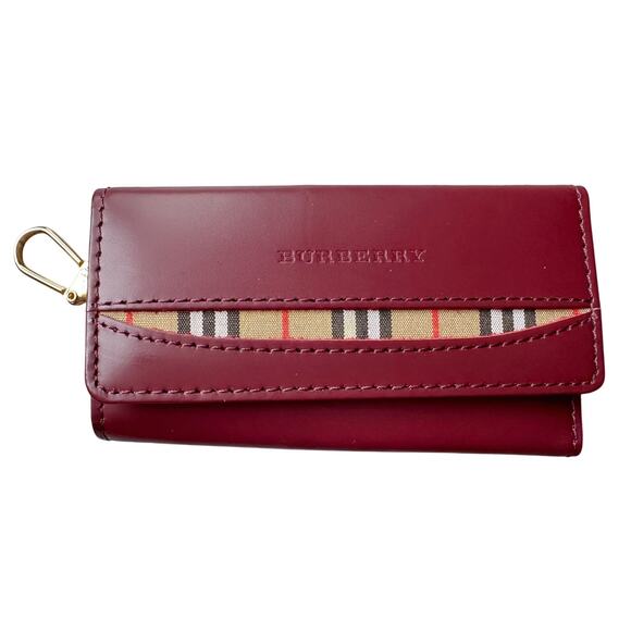 Burberry Burgundy Leather KeyHolder with Nova Check Accents